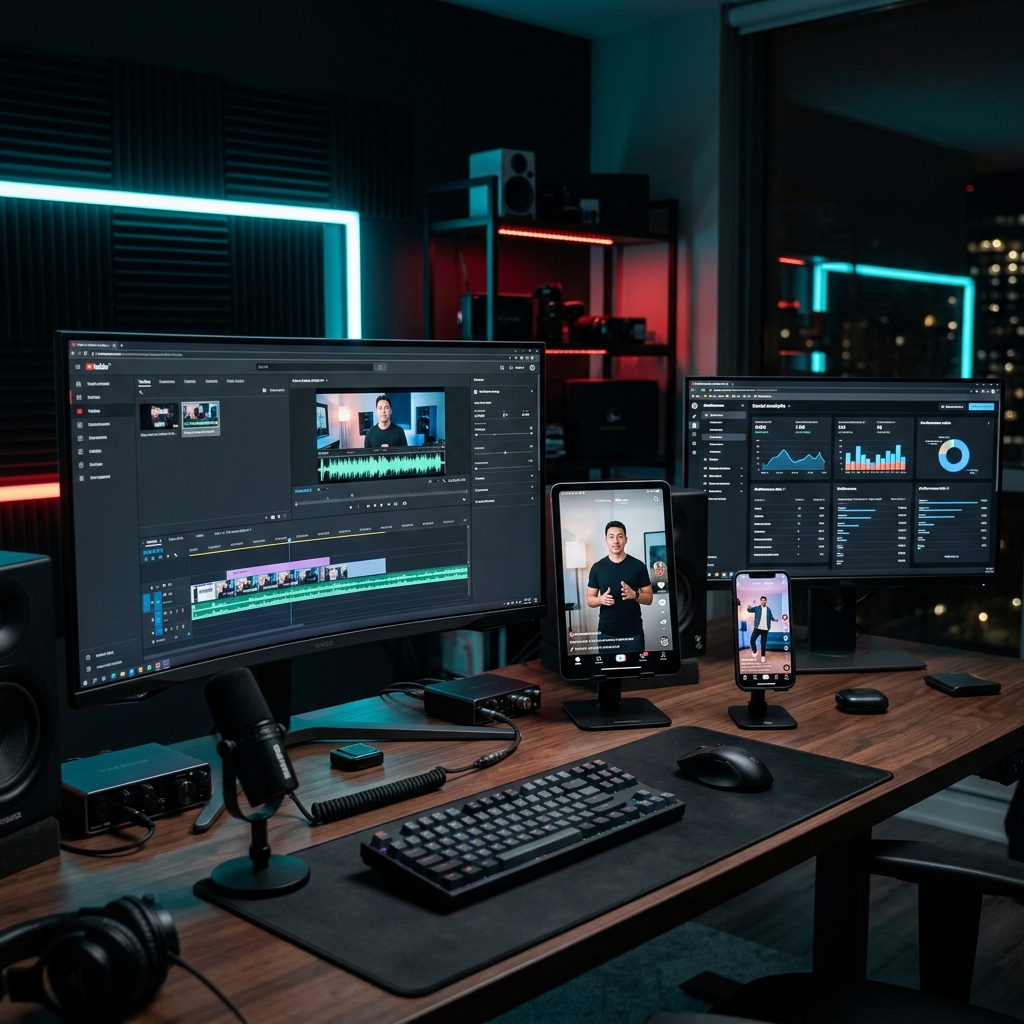 Content displayed across multiple devices — YouTube, Instagram Reels, TikTok, and analytics dashboards