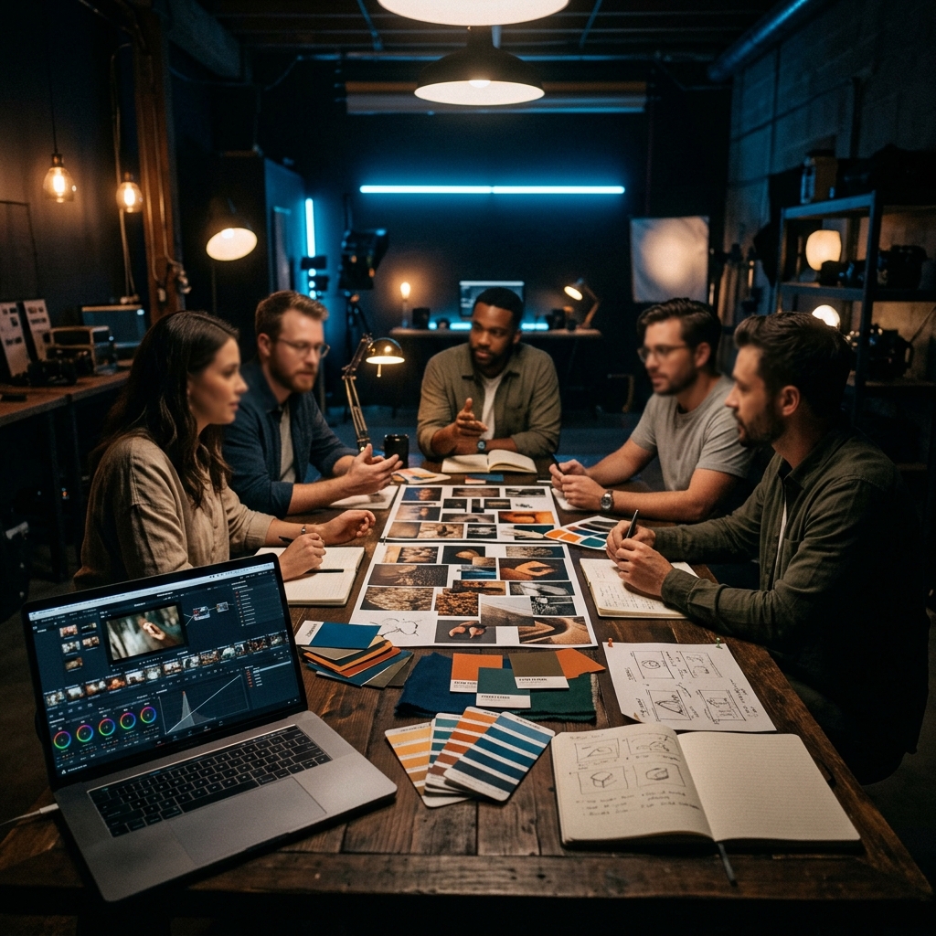 Creative direction session with moodboards and storyboards in a premium studio
