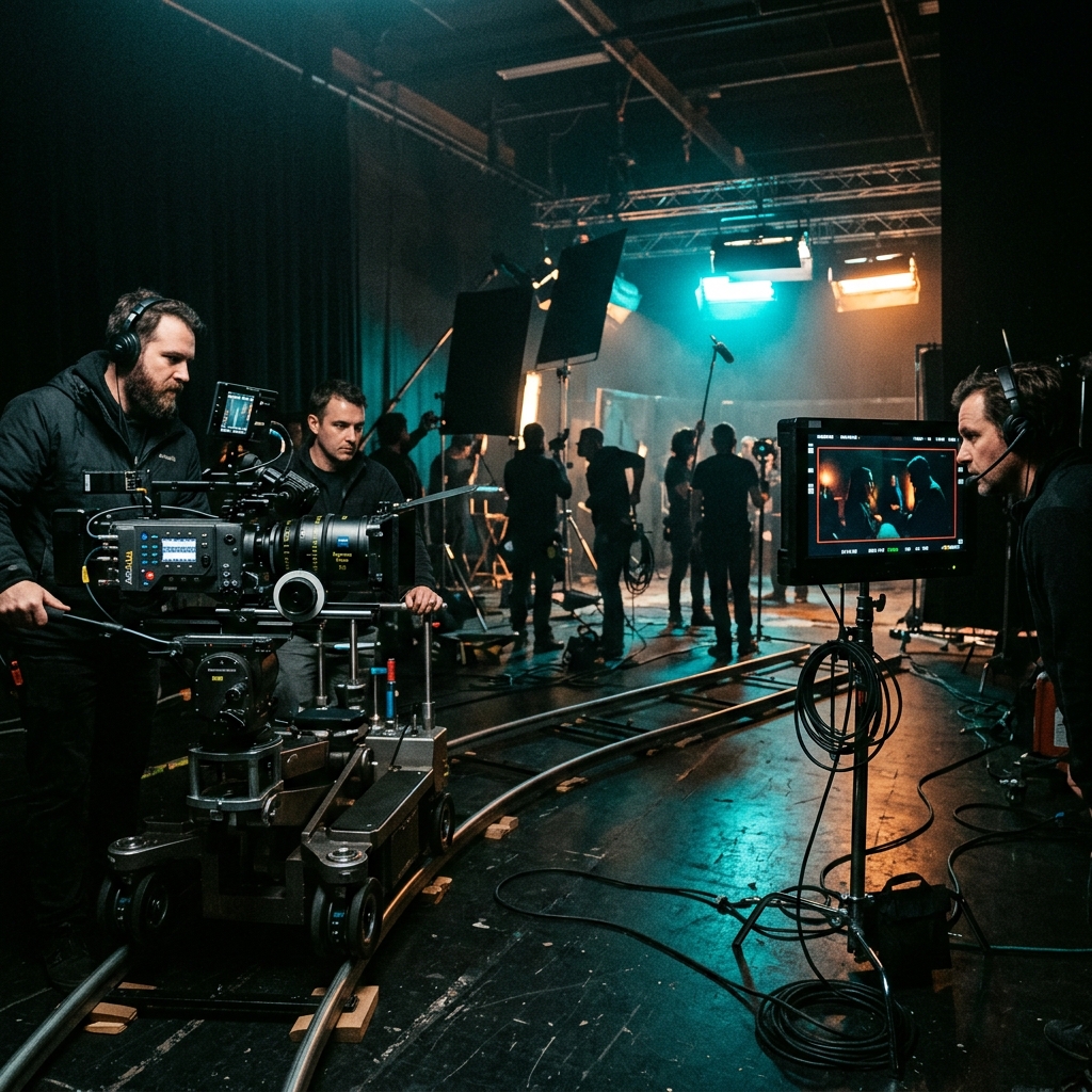 Professional cinematic film production set with cinema camera on dolly track